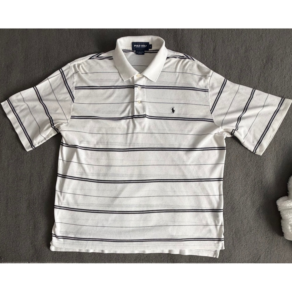 Polo Golf Ralph Lauren Mens Large White/Black Striped Pima Cotton Polo Shirt EUC - Picture 2 of 9